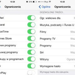 Ustawienia kontroli rodzicielskiej na telefonie. Można tu zarządzać dostępem do aplikacji, treści i funkcji, np. Safari, Aparat, FaceTime, iTunes Store, Programy, Siri.
