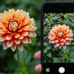 Dłoń trzyma smartfon, na którym aplikacja Plantsnap identyfikuje pięknego, pomarańczowo-czerwonego kwiatu dalii.