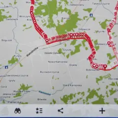 Mapa z zaznaczoną trasą rowerową przez tereny z nazwami miejscowości jak Lebiedzin, Białostocka, Bobrowniki.