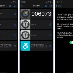 Aplikacja uwierzytelniająca FreeOTP wyświetla kody dla Instagrama, Google i e-maila. Włączono blokadę tokenów.