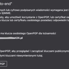 Konfiguracja szyfrowania OpenPGP w Thunderbird. Brak klucza osobistego dla tożsamości, opcja dodania klucza.