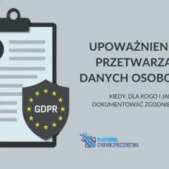 Grafika przedstawia dokument z lupą i tarczą GDPR, symbolizując upoważnienie do przetwarzania danych osobowych.