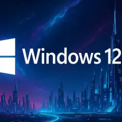 Futurystyczne miasto nocą, oświetlone neonami, z logo Windows 12 na tle kosmicznego nieba.