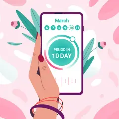 Dłoń trzyma smartfon z aplikacją flo, która pokazuje "PERIOD IN 10 DAY" i daty marca.