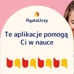 Uśmiechnięta dziewczyna z telefonem. Napis: "Te aplikacje pomogą Ci w nauce". Kolorowe ikony.