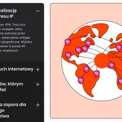 Grafika przedstawia globus z ikonami tarcz z symbolem Wi-Fi, symbolizującymi ochronę i globalny zasięg Brave VPN.