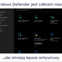 Ekran Windows Defender z sekcjami ochrony: wirusów, konta, sieci. Microsoft Defender zapewnia podstawowe bezpieczeństwo.