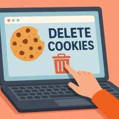 Ręka klika ikonę kosza na śmieci na ekranie laptopa, obok ciasteczka i napisu "DELETE COOKIES". Dowiedz się, jak usunąć pliki cookies.