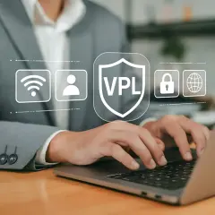 Osoba pracuje na laptopie, a nad klawiaturą wyświetlają się ikony symbolizujące bezpieczeństwo online, w tym tarcza z napisem VPL. Dowiedz się, vpn jak włączyć, by chronić swoją prywatność.