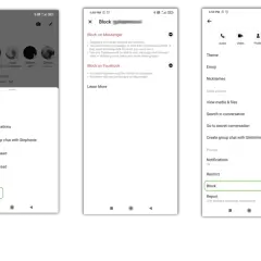 Jak usunąć konto na Messengerze? Zrzuty ekranu pokazują opcje blokowania użytkownika i zarządzania rozmową.
