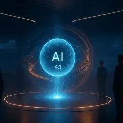 Ludzie patrzą na hologram AI 4.1, symbolizujący zaawansowaną sztuczną inteligencję. To jakbyśmy zobaczyli, co to jest grok w praktyce.