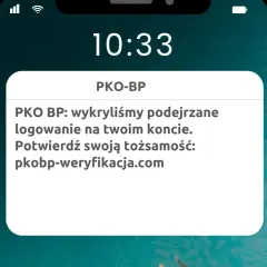 Ostrzeżenie o podejrzanym logowaniu PKO BP. To przykład smishingu, czyli oszustwa przez SMS. Nie klikaj w link!