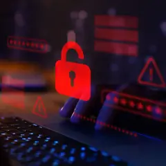 Czerwona kłódka i ostrzeżenia na ekranie laptopa symbolizują zagrożenie. Uważaj na spear phishing, który może prowadzić do wycieku danych.
