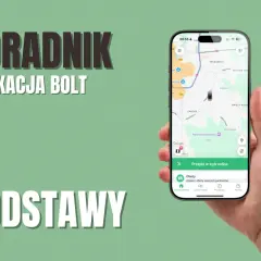 Poradnik podstawy aplikacji Bolt. Na ekranie telefonu widać mapę z zaznaczoną trasą i opcję "Przejdź w tryb online".