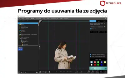 Program do usuwania tła ze zdjęcia PhotoScape X z kobietą i książką. Narzędzie "Magiczna gumka" pozwala na łatwe wycinanie elementów.