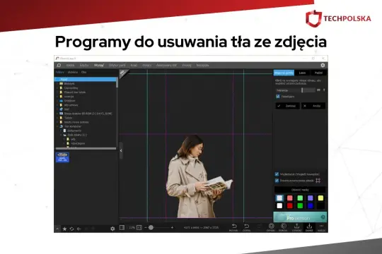 Program do usuwania tła ze zdjęcia PhotoScape X z kobietą i książką. Narzędzie "Magiczna gumka" pozwala na łatwe wycinanie elementów.