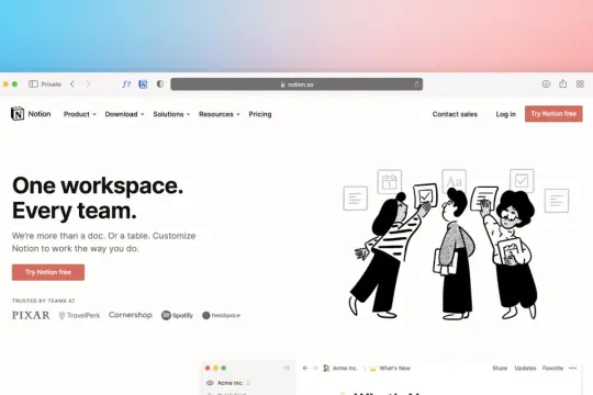 Strona główna aplikacji Notion. Zespół współpracuje nad projektem, korzystając z narzędzi do organizacji pracy.