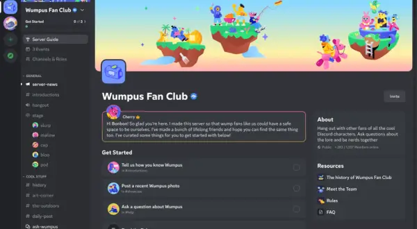 Na ekranie aplikacji **diskord** widzimy serwer "Wumpus Fan Club" z powitalną wiadomością i listą zadań do wykonania.