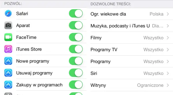 Ustawienia kontroli rodzicielskiej na telefonie. Można tu zarządzać dostępem do aplikacji, treści i funkcji, np. Safari, Aparat, FaceTime, iTunes Store, Programy, Siri.