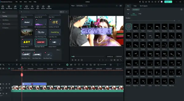 Wybieranie animacji "Glow Text" w Filmora, aby dodać efektowny tekst do filmu.