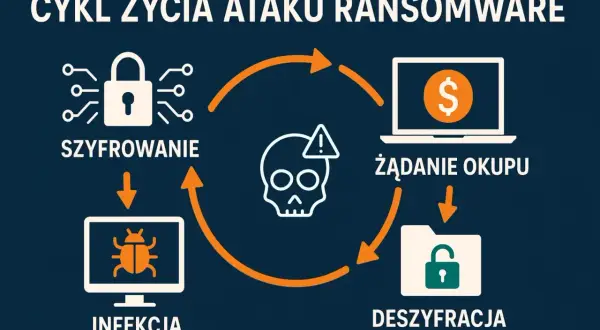 Cykl życia ataku ransomware: infekcja, szyfrowanie, żądanie okupu i deszyfracja. Poznaj, ransomware co to jest i jak działa.