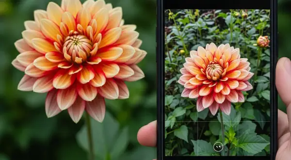 Dłoń trzyma smartfon, na którym aplikacja Plantsnap identyfikuje pięknego, pomarańczowo-czerwonego kwiatu dalii.