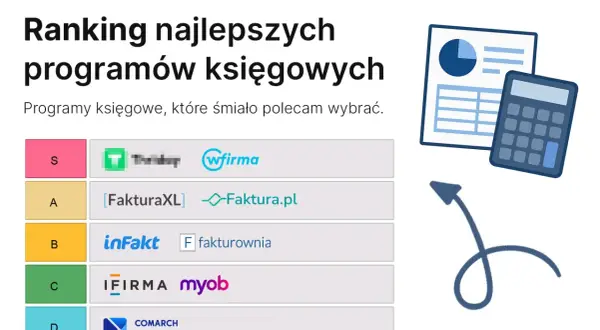 Ranking programów księgowych, od S do D. Szybka faktura i inne opcje. Kalkulator i wykresy sugerują analizę finansową.