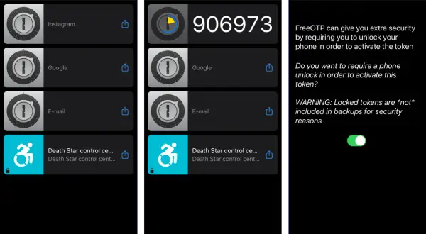 Aplikacja uwierzytelniająca FreeOTP wyświetla kody dla Instagrama, Google i e-maila. Włączono blokadę tokenów.