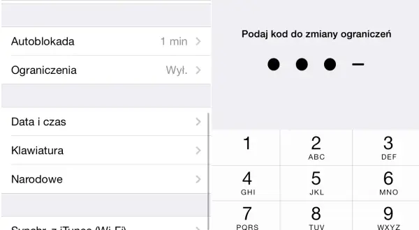 Ekran iPhone'a z ustawieniami. Widać opcję "Ograniczenia" i prośbę o podanie kodu, co sugeruje kontrola rodzicielska iPhone.