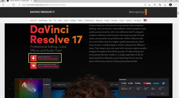 Strona internetowa promuje DaVinci Resolve 17, oferując darmowe pobieranie i zakup wersji Studio.