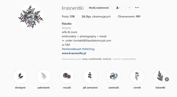 Profil Klaudii, artystki tworzącej haftowane cuda. Znajdziesz tu inspiracje i historie z jej pracowni, idealne do **stories instagram**.