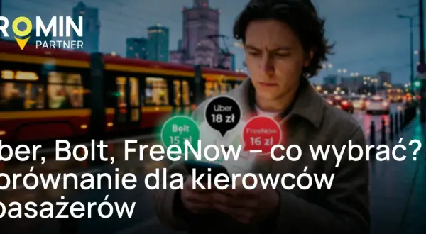 Mężczyzna z telefonem porównuje ceny Uber, Bolt i FreeNow. Miasto nocą, tramwaj w tle.