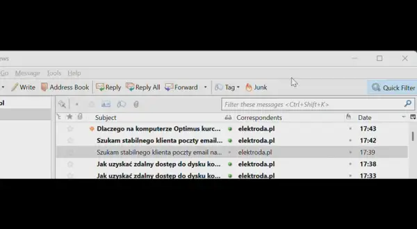 Widok skrzynki odbiorczej bluemail z listą wiadomości od elektroda.pl.