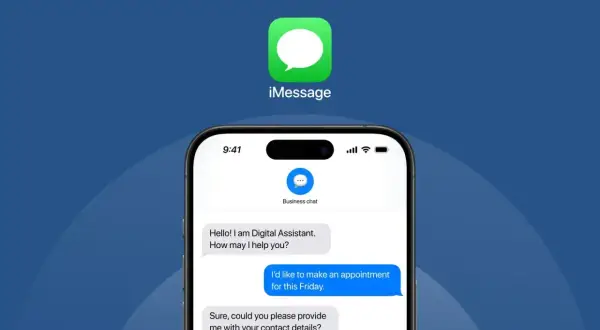 Ikona iMessage na niebieskim tle. Ekran telefonu z rozmową z asystentem cyfrowym, gdzie użytkownik umawia wizytę.