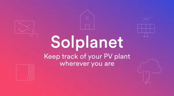 Solplanet: śledź swoją instalację PV z dowolnego miejsca. Ikony domu, panelu słonecznego, wykresów i chmury z telefonem.