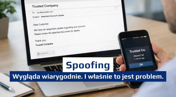 Oszustwo spoofingowe: fałszywy e-mail i powiadomienie o nieodebranym połączeniu wyglądają wiarygodnie, co jest problemem.