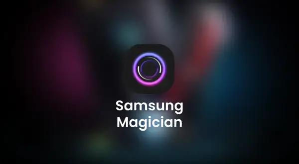 Ikona aplikacji Samsung Magician z neonowym okręgiem i nazwą programu.
