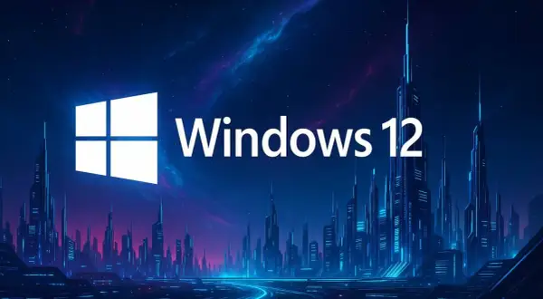 Futurystyczne miasto nocą, oświetlone neonami, z logo Windows 12 na tle kosmicznego nieba.