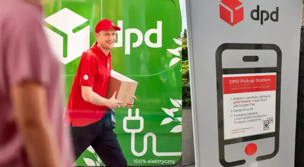 Kurier DPD z paczką przy zielonym, elektrycznym samochodzie. Obok tablica informacyjna zachęcająca do pobrania aplikacji "DPD Mobile".
