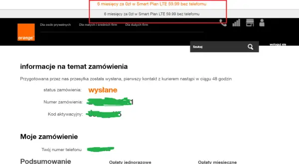 Status zamówienia: wysłane. Twoje zamówienie na 6 miesięcy za 0 zł w Smart Plan LTE 59.99 bez telefonu jest w drodze.