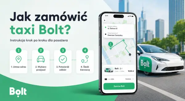 Instrukcja, jak zamówić Bolt: ustaw adres, wybierz przejazd, potwierdź odbiór i śledź kierowcę. Aplikacja pokazuje trasę i cenę.