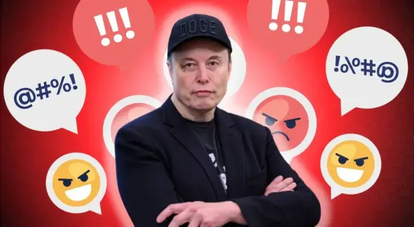 Elon Musk w czapce z napisem DOGE otoczony dymkami z wykrzyknikami i symbolami, jakby ktoś pytał "grok co to".