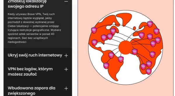 Grafika przedstawia globus z ikonami tarcz z symbolem Wi-Fi, symbolizującymi ochronę i globalny zasięg Brave VPN.