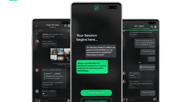 Trzy telefony prezentujące aplikację komunikator Session. Widoczne ekrany czatów i ekran powitalny z informacją o prywatności.