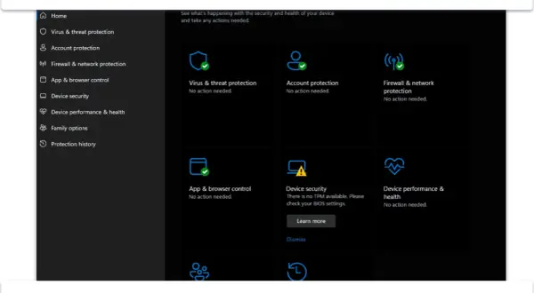 Ekran Windows Defender z sekcjami ochrony: wirusów, konta, sieci. Microsoft Defender zapewnia podstawowe bezpieczeństwo.