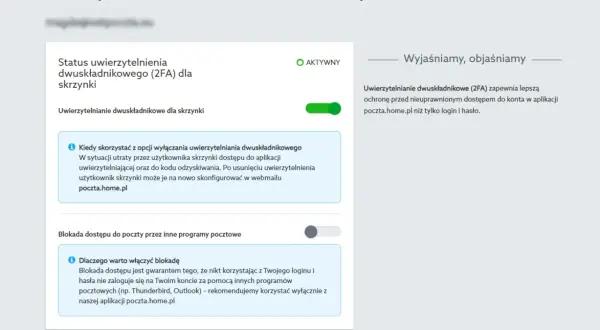 Ustawienia bezpieczeństwa skrzynki email, w tym aktywne uwierzytelnianie dwuskładnikowe (2FA) dla lepszej ochrony.