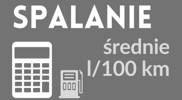 Ikona kalkulatora i dystrybutora paliwa obok napisu "SPALANIE średnie l/100 km". Idealne do aplikacji Fuelio do śledzenia kosztów paliwa.