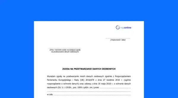 Formularz zgody na przetwarzanie danych osobowych, wymagany przez RODO.