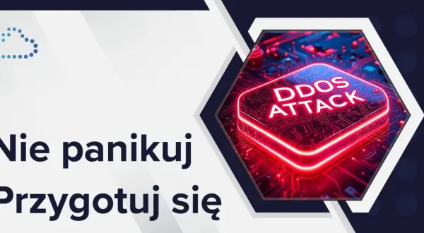 Nie panikuj, przygotuj się na ataki DDoS. Grafika przedstawia schemat obwodów drukowanych z napisem "DDOS ATTACK" w neonowym blasku.