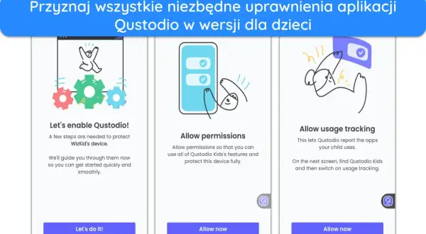 Qustodio pomaga chronić urządzenie dziecka, wymagając przyznania uprawnień i włączenia śledzenia aktywności.